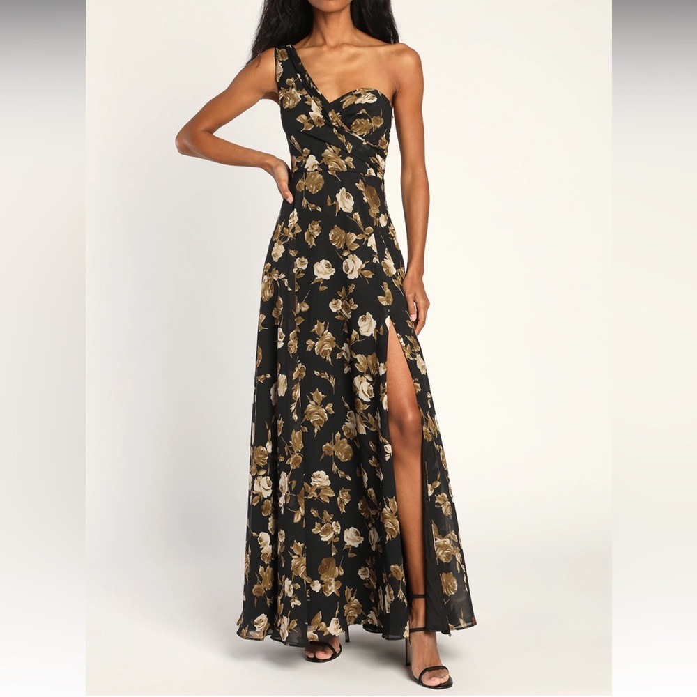 Lulus Fashionably Refined Black Floral Print One-Shoulder Maxi Dress